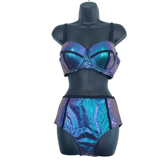 Blue Green Metallic Holographic High waist Bikini 2piece Swimsuit Plus Size 0x - Picture 1 of 4